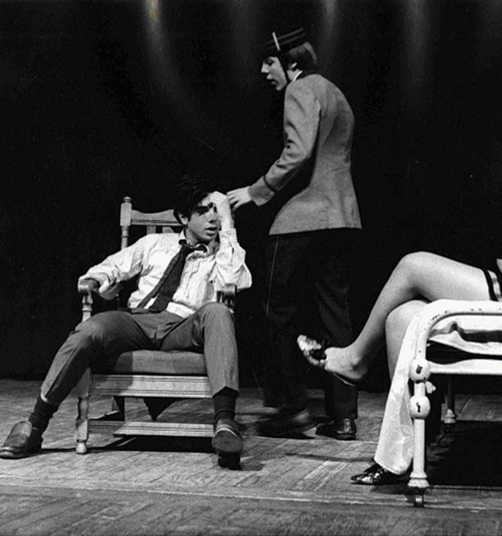 Sadwith as Holden Caulfield with Maurice (Steve Grubbs) and Sunny (identity unknown) in high school adaptation of The Catcher in the Rye. 1969